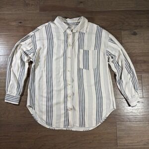 April Kiss Womens Linen Blend Striped Button Down Shirt Ivory Navy Blue Large